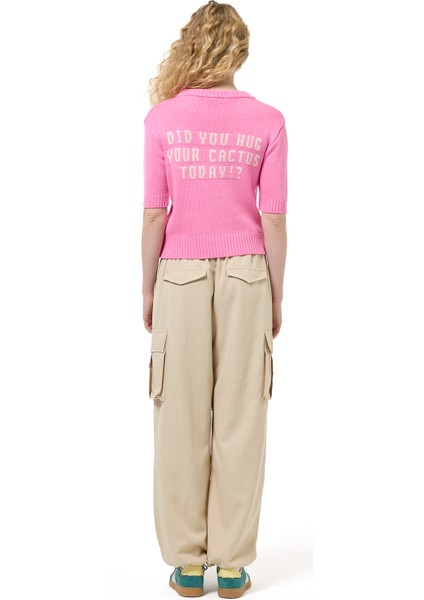 Sırtı Yazı Baskılı Kısa Kol Triko Kazak Pembe indirimleri