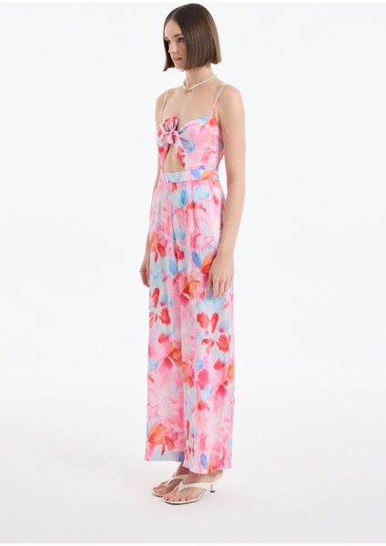 Bağlama Detaylı Çiçek Desenli Askılı Uzun Tulum Pembe modelleri