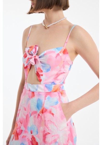 Bağlama Detaylı Çiçek Desenli Askılı Uzun Tulum Pembe fırsatları