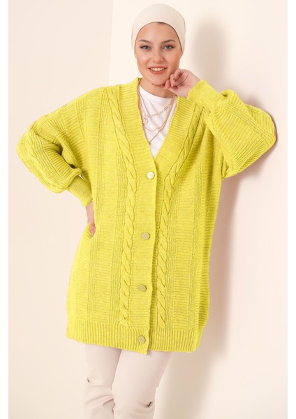 Kadın BDART Düğmeli Doku Yassı V Yaka Hırka Limon Sarısı
