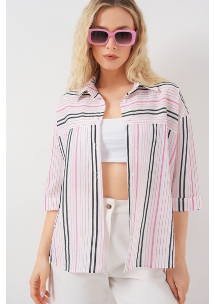 Kadın BDART Üç Çeyrek Kollu Şeritli Poplin Gömlek Pink fırsatları