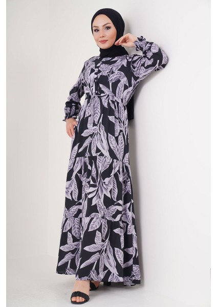 Kadın BDART Düğmeli Yaka ile Çiçekli Maxi Elbise Black fırsatları