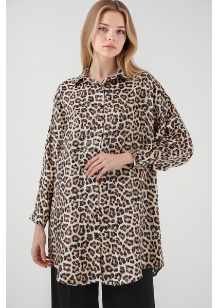 Kadın BDART Leopar Desenli Uzun Kol Düğmeli Gömlek Bej Doğal