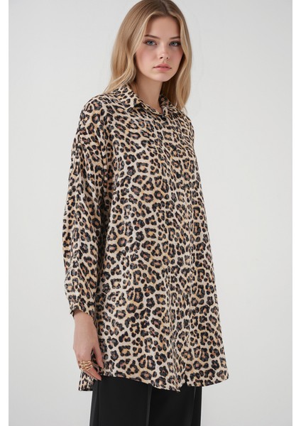 Kadın BDART Leopar Desenli Uzun Kol Düğmeli Gömlek Bej Doğal modelleri