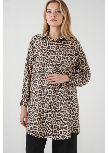 Kadın BDART Leopar Desenli Uzun Kol Düğmeli Gömlek Bej Doğal fırsatları