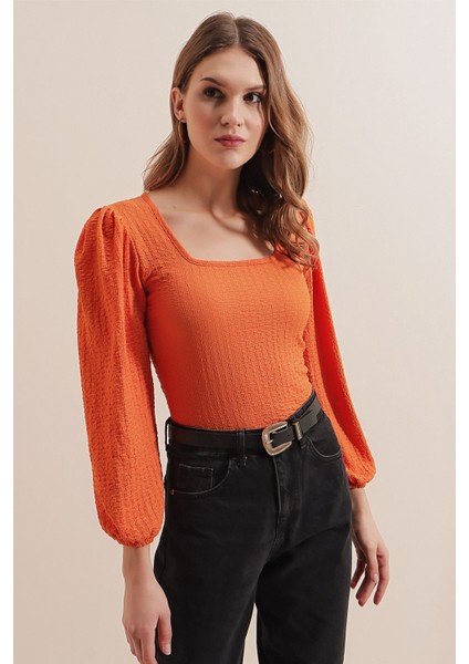 Kadın BDART Dokulu Kare Yaka Uzun Kollu Bluz Orange modelleri