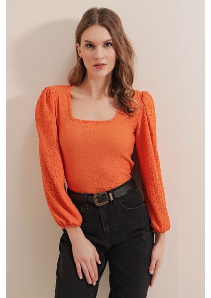 Kadın BDART Dokulu Kare Yaka Uzun Kollu Bluz Orange fırsatları