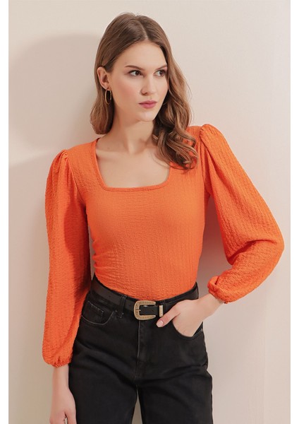 Kadın BDART Dokulu Kare Yaka Uzun Kollu Bluz Orange indirimleri