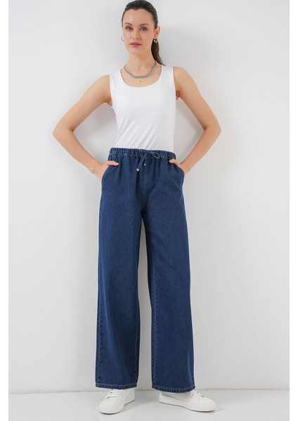 Kadın BDART Konforlu Geniş Paça Denim Jeanler Drawstring ile Lacivert