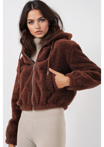 Kadın BDART Sahte Kürk Leopar Desenli Kapşonlu Crop Hoodie Kahverengi fiyatları