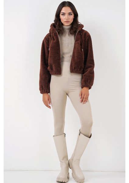 Kadın BDART Sahte Kürk Leopar Desenli Kapşonlu Crop Hoodie Kahverengi modelleri