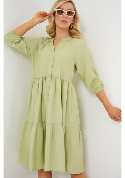 Kadın BDART Düğme Kapatmalı Dokulu Midi Elbise Zümrüt Yeşili