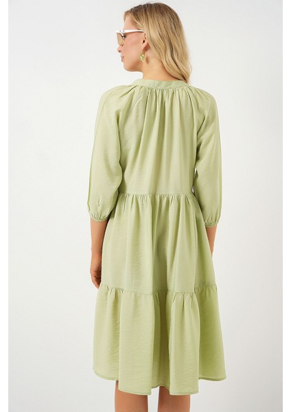 Kadın BDART Düğme Kapatmalı Dokulu Midi Elbise Zümrüt Yeşili