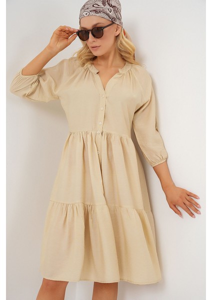 Kadın BDART Düğme Kapatmalı Dokulu Midi Elbise Krem Doğal modelleri