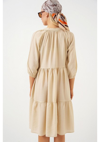 Kadın BDART Düğme Kapatmalı Dokulu Midi Elbise Krem Doğal