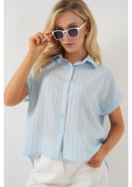 Kadın BDART Düğmeli Kapatmalı Çizgili Crop Gömlek Maya Mavisi