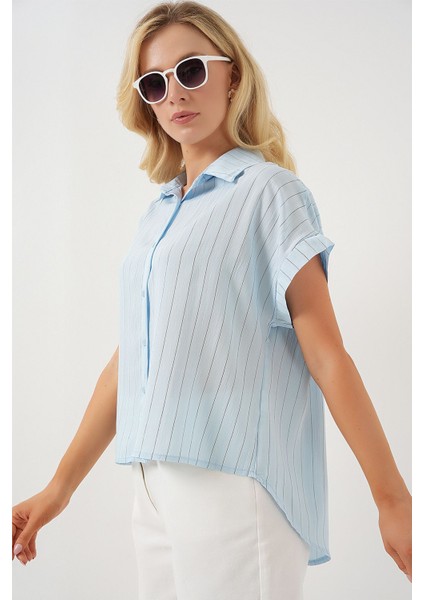 Kadın BDART Düğmeli Kapatmalı Çizgili Crop Gömlek Maya Mavisi modelleri