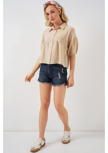 Kadın BDART Bol Kesim Düğmeli Kısa Gömlek Bej Doğal fiyatları