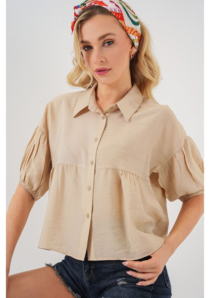 Kadın BDART Bol Kesim Düğmeli Kısa Gömlek Bej Doğal modelleri