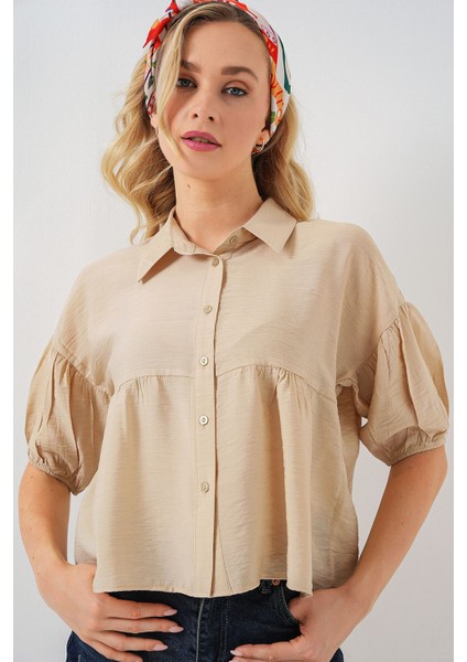 Kadın BDART Bol Kesim Düğmeli Kısa Gömlek Bej Doğal fırsatları