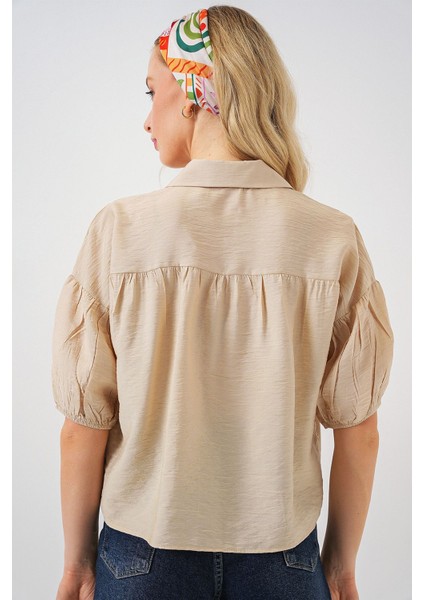 Kadın BDART Bol Kesim Düğmeli Kısa Gömlek Bej Doğal