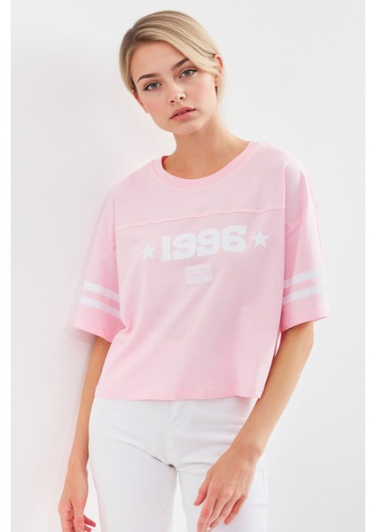 Kadın BDART Oversize Yuvarlak Yaka Kısa Tişört, Motto Baskılı Karanfil Pembesi modelleri