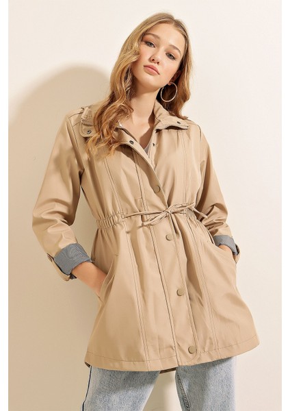 Kadın BDART Çizgili Leopar Desenli Trençkot, Çekmeli Kapama Bej Doğal fırsatları