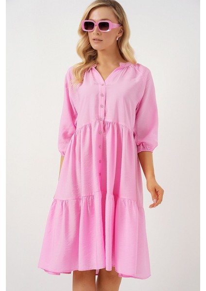 Kadın BDART Düğme Kapatmalı Dokulu Midi Elbise Karanfil Pembesi