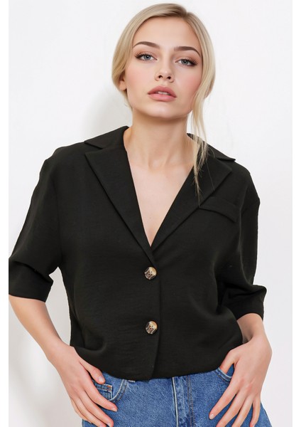 Kadın BDART Dokulu Kısa Ceket, Gömlek Yaka ile Black