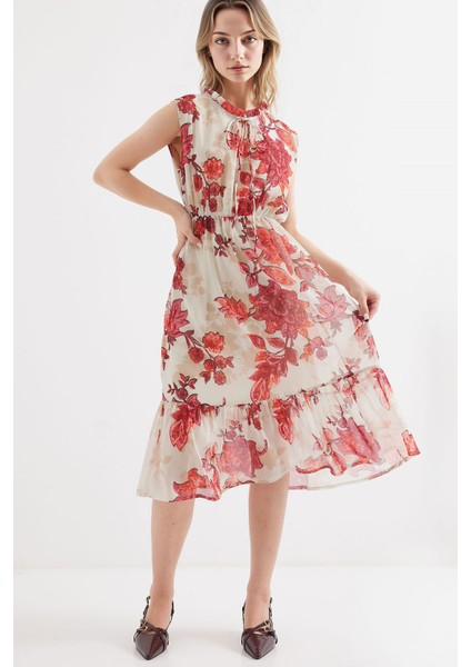 Kadın BDART Çiçek Desenli Midi Elbise ile Kemer Red modelleri