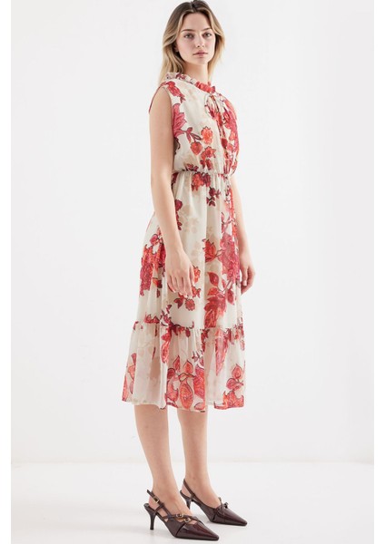 Kadın BDART Çiçek Desenli Midi Elbise ile Kemer Red fırsatları