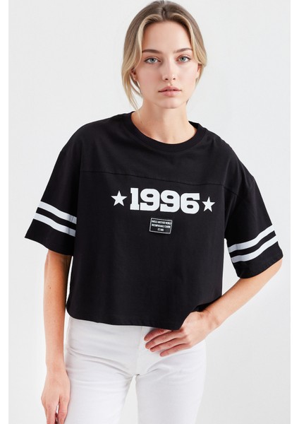 Kadın BDART Oversize Yuvarlak Yaka Kısa Tişört, Motto Baskılı Siyah