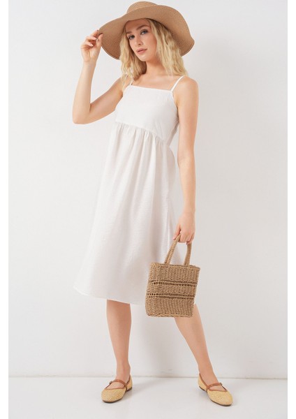 Kadın BDART Kare Yaka Dokulu Midi Elbise Beyaz fiyatları