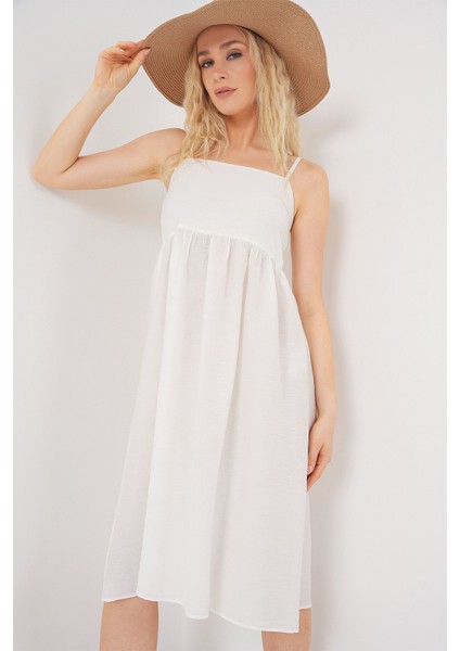 Kadın BDART Kare Yaka Dokulu Midi Elbise Beyaz modelleri