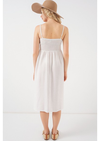 Kadın BDART Kare Yaka Dokulu Midi Elbise Beyaz