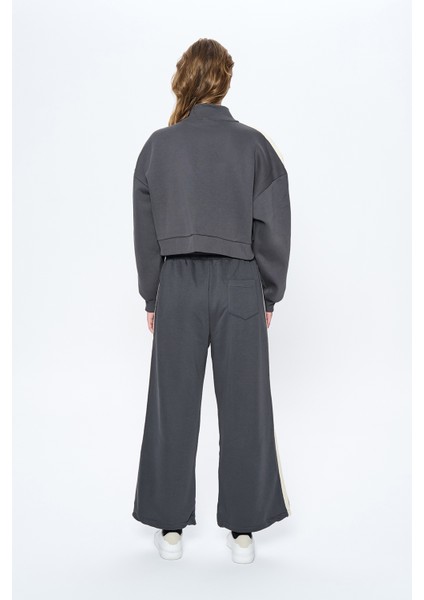 Şerit Detaylı Fermuarlı Crop Sweatshirt Antrasit indirimleri