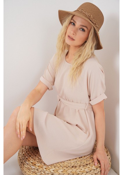 Kadın BDART Kemerli İkili Mini Elbise Krem Doğal