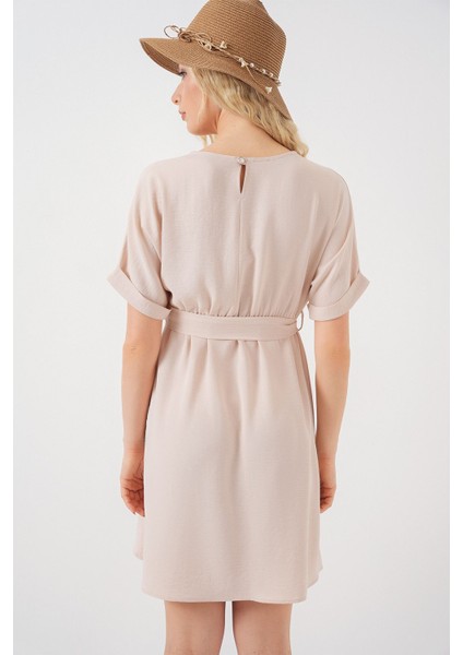 Kadın BDART Kemerli İkili Mini Elbise Krem Doğal