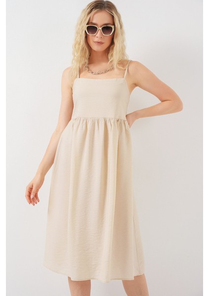 Kadın BDART Kare Yaka Dokulu Midi Elbise Krem Doğal fırsatları