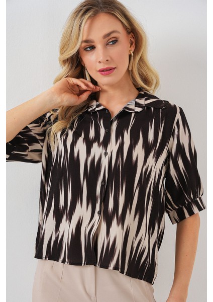 Kadın BDART Düğmeli Desenli Kısa Gömlek Siyah