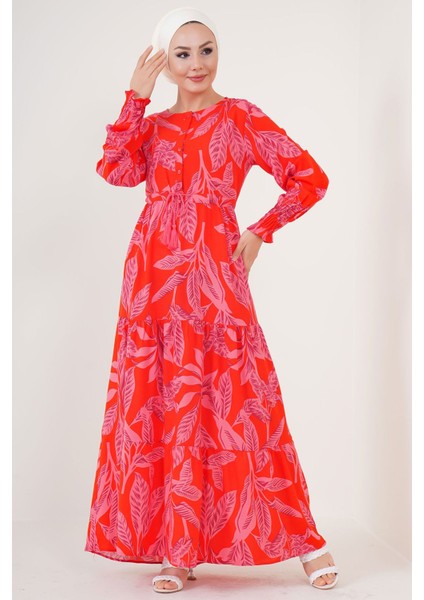 Kadın BDART Düğmeli Yaka ile Çiçekli Maxi Elbise Red