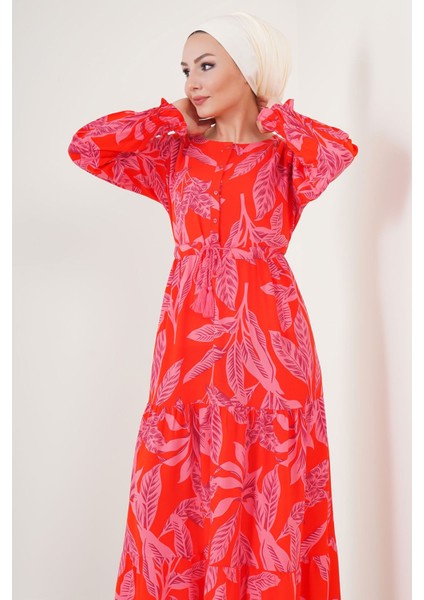 Kadın BDART Düğmeli Yaka ile Çiçekli Maxi Elbise Red
