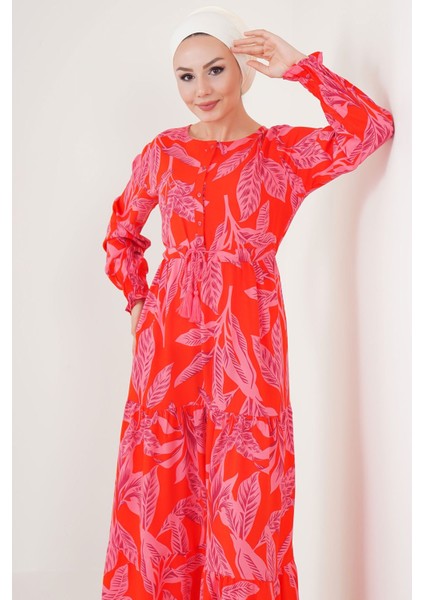 Kadın BDART Düğmeli Yaka ile Çiçekli Maxi Elbise Red modelleri