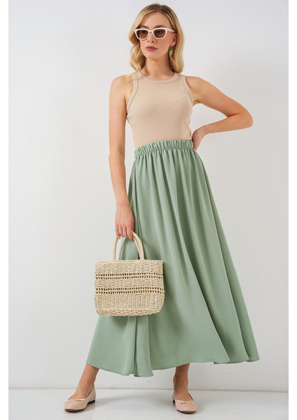 Kadın BDART Çekmece Bel Detaylı Dokulu Maxi Etek Zümrüt Yeşili