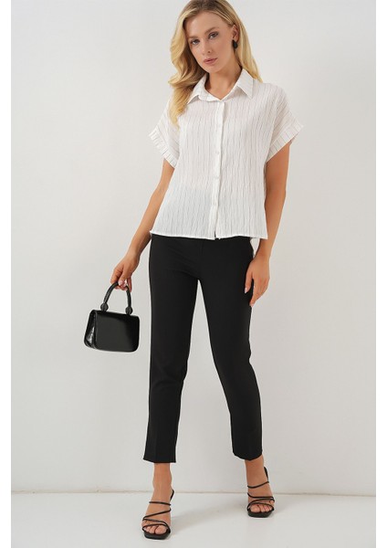 Kadın BDART Düğmeli Kapatmalı Çizgili Crop Gömlek White fiyatları