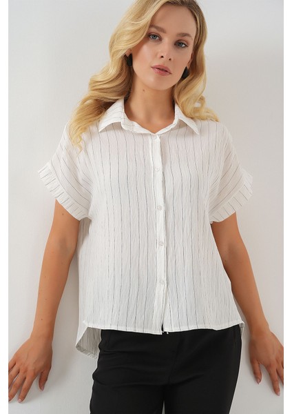 Kadın BDART Düğmeli Kapatmalı Çizgili Crop Gömlek White fırsatları