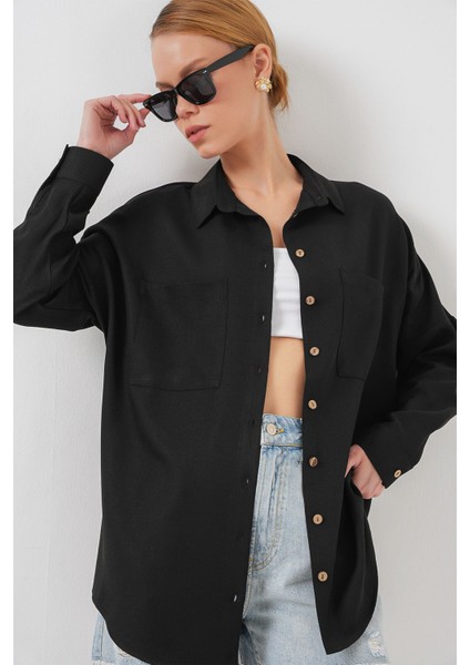 Kadın BDART Cepli Uzun Kollu Oversize Keten Karışımlı Gömlek Black