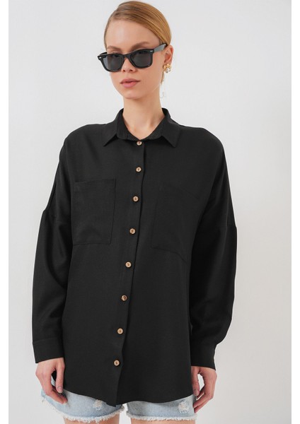 Kadın BDART Cepli Uzun Kollu Oversize Keten Karışımlı Gömlek Black indirimleri