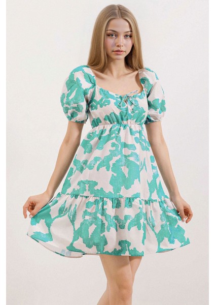 Kadın BDART Kemerli Kısa Mini Elbise ile Kare Yaka Nane Yeşili modelleri