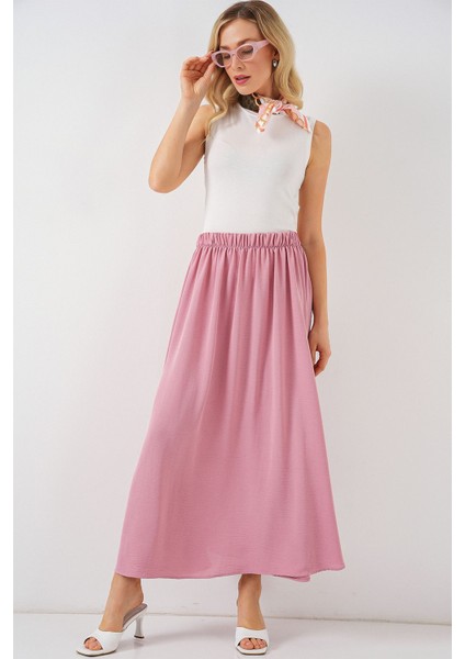 Kadın BDART Çekmece Bel Detaylı Dokulu Maxi Etek Toz Pembe